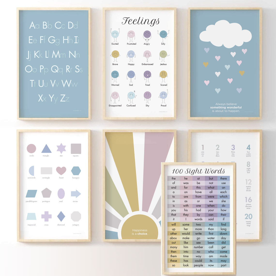Set of 2 3 4 6, Learning, Education Prints for Children's Bedroom Nursery  or Playroom, Feelings, Weather, Shapes, Days, Numbers, Alphabet 