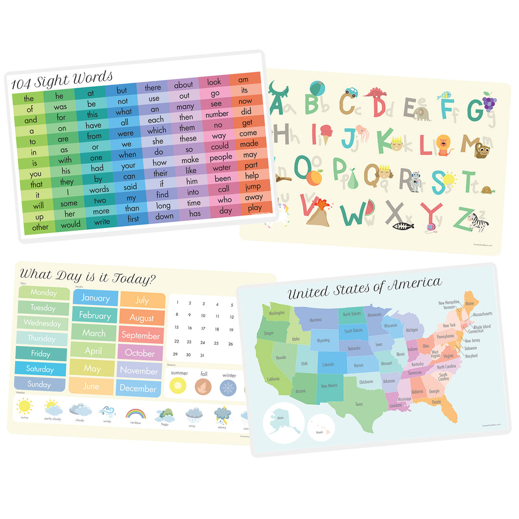 4pc Placemat Set Days, Months, ABC, Sight words and USA