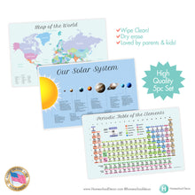 Load image into Gallery viewer, 3pc Placemat Set World, Solar System, Periodic Table
