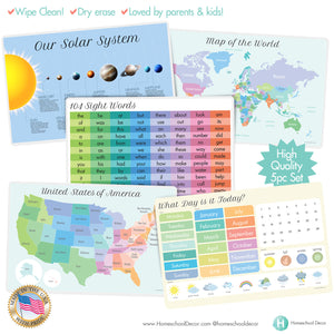 5pc Placemat Set Days, Sight words, World, USA & Space