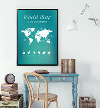 Load image into Gallery viewer, World Map &amp; Its Continents Poster Print in Ocean Blue
