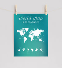 Load image into Gallery viewer, World Map &amp; Its Continents Poster Print in Ocean Blue
