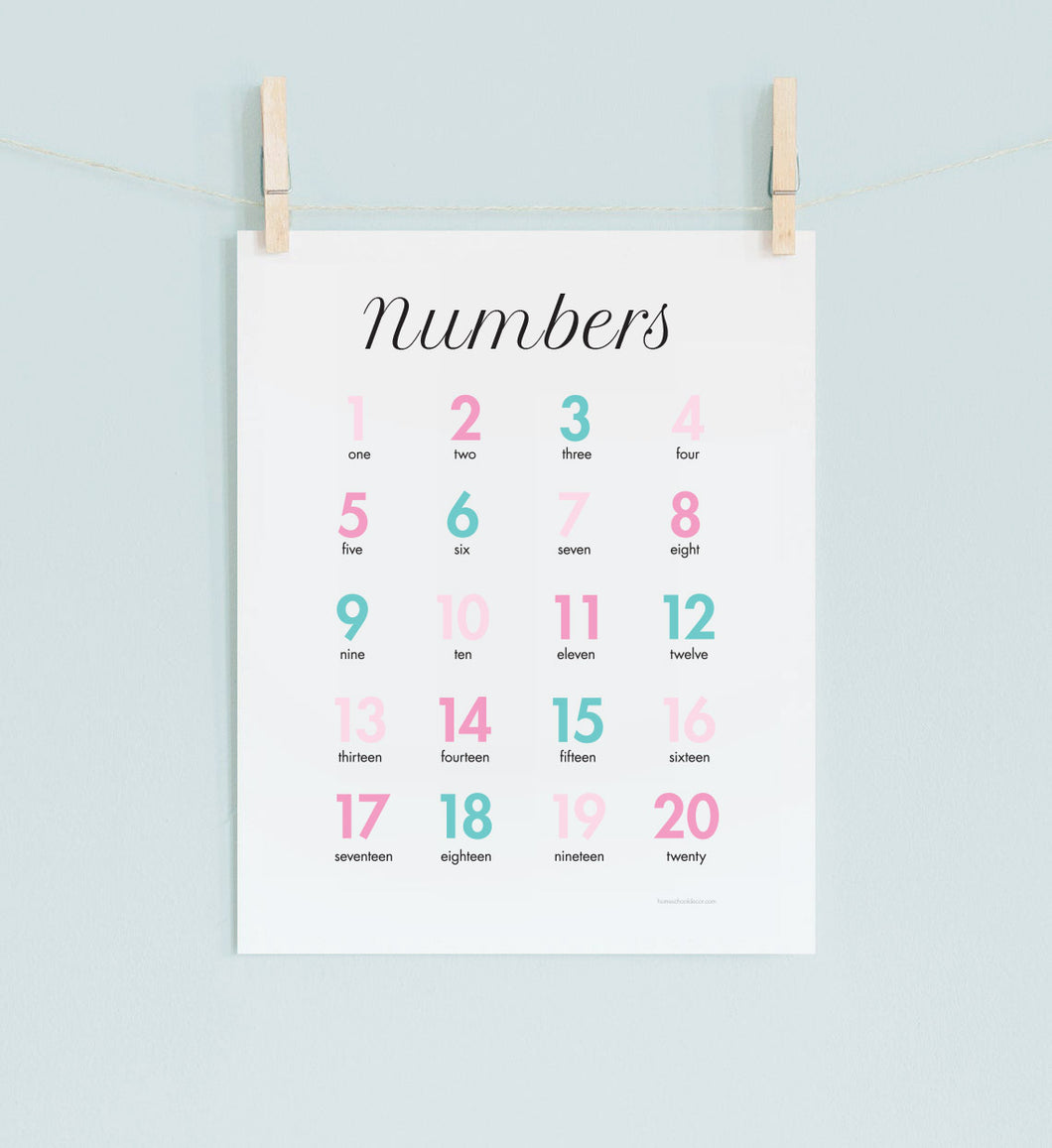 Counting 1-20 Poster Print in Pink & Aqua